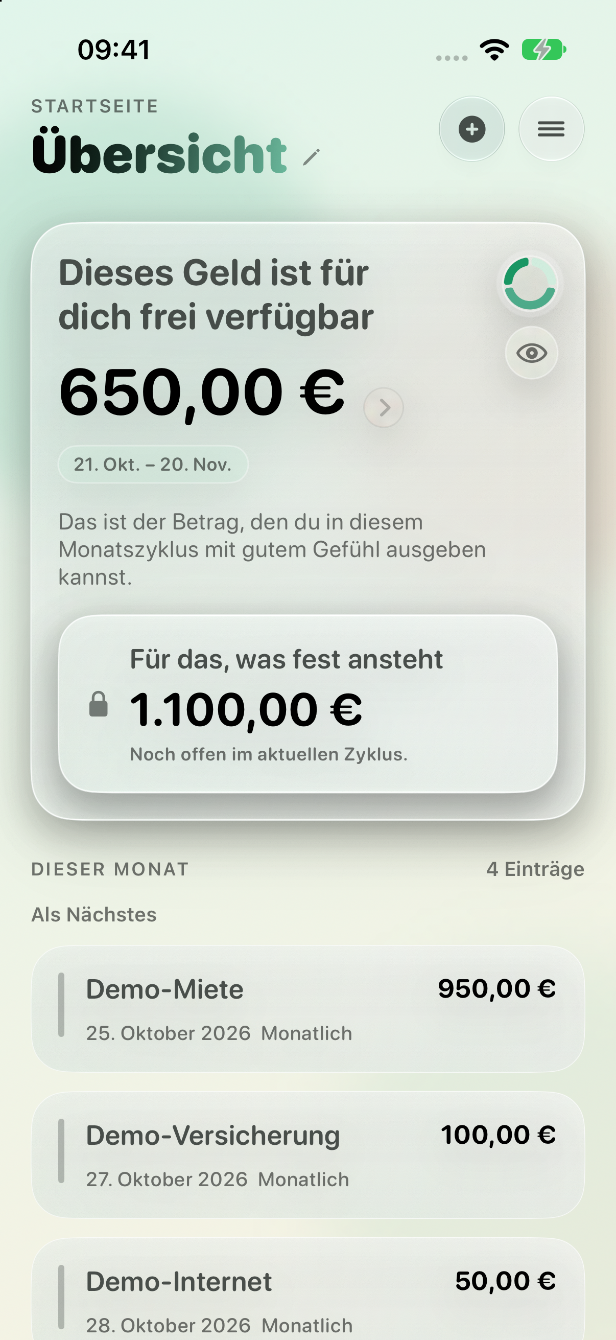 Actual CanISpend.io app with fictional demo data: 650 euros available and outstanding expenses in the monthly cycle