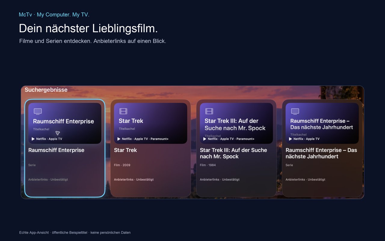 Echte MC-TV-Suchansicht mit öffentlichen Beispieltiteln und ausdrücklich unbestätigten Anbieterlinks